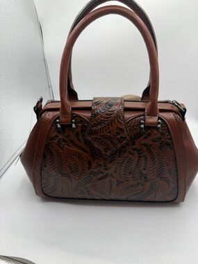High Quality Brown Leather Tooled Embossed Shoulder Handbag